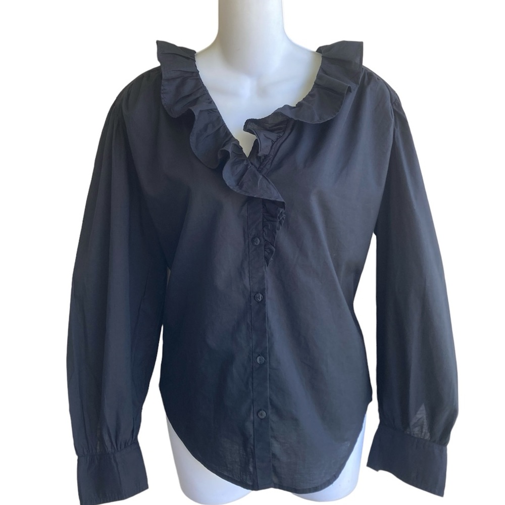 Universal Thread Black Button-Down Blouse Ruffle Trim Long Sleeve XS Cotton New